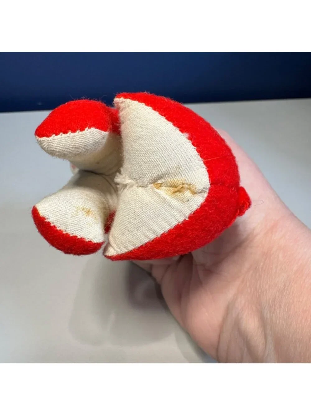 Vintage Red & Blue Felt Dog Plush Toy With Stitched Details And Blue Vinyl Ears